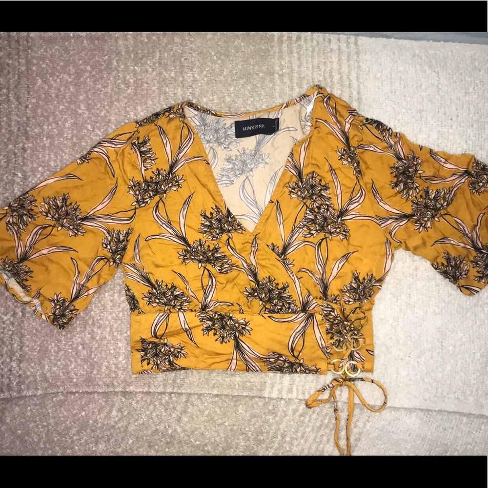 Vacation style gold wrap crop top w/ floral print